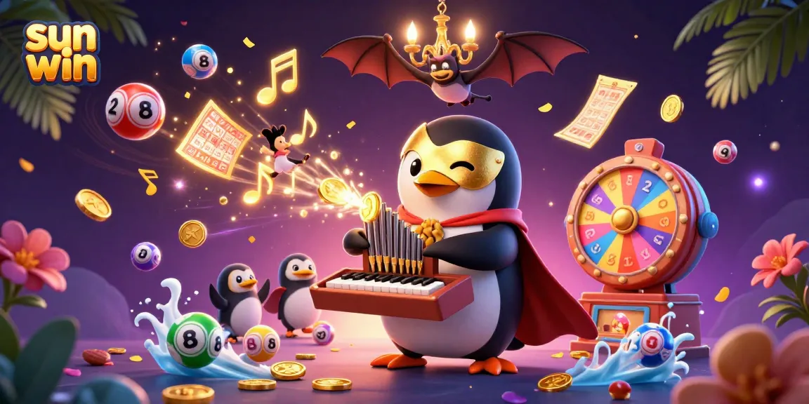 Join thrilling fun at sun win with colorful bouncing lottery balls, a penguin organist, and vibrant prize elements.