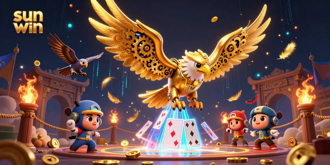 Experience thrilling wins at sun win with a cybernetic eagle and holographic gameplay elements.
