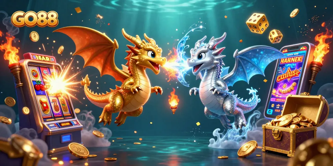 Engage with GO88 for a thrilling jackpot experience, featuring captivating dragons and dynamic casino symbols.