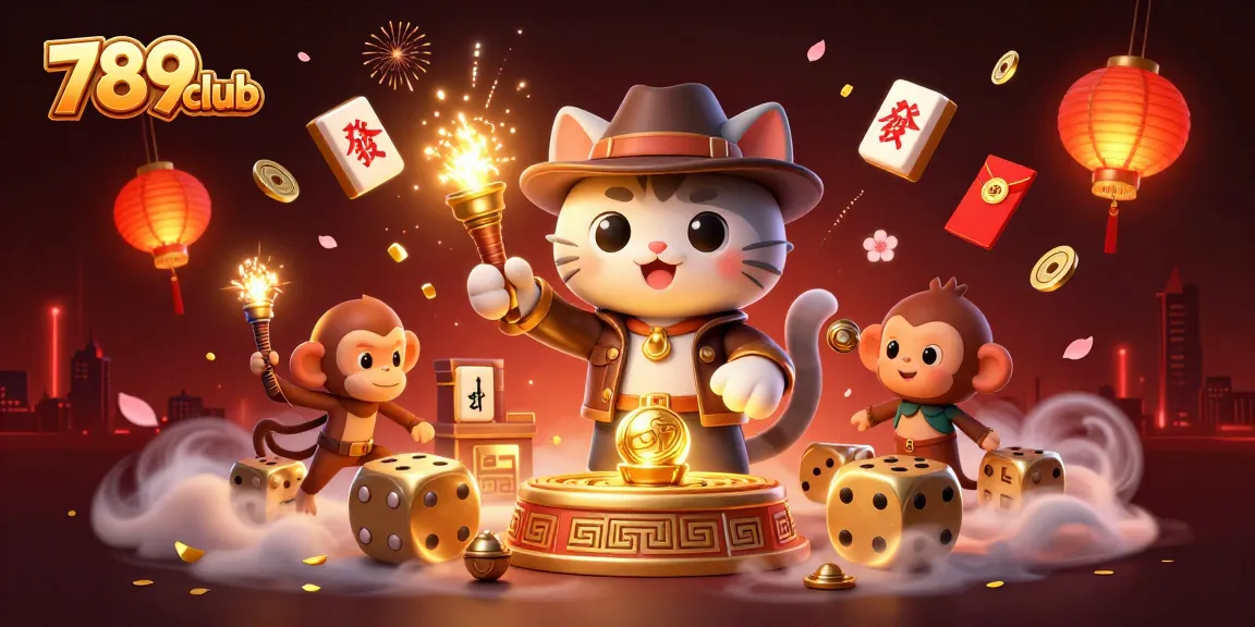 Engage with 789club's thrilling gaming experience, a cat explorer unearthing treasures in a vibrant casino.