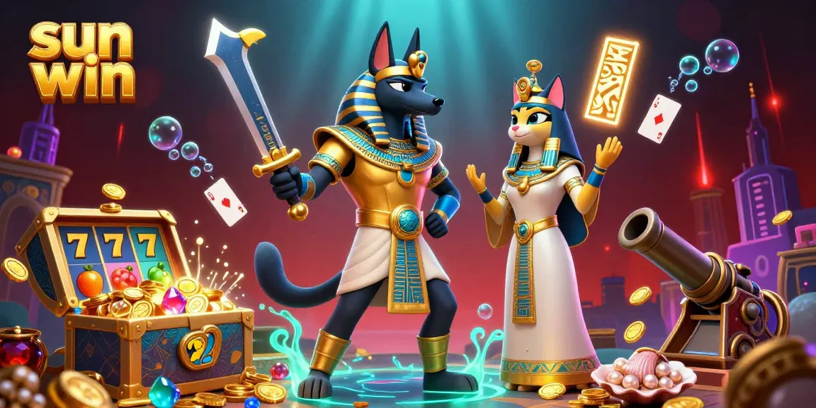 Experience the thrill of sun win with Anubis and Bastet in a vibrant casino scene full of gold.